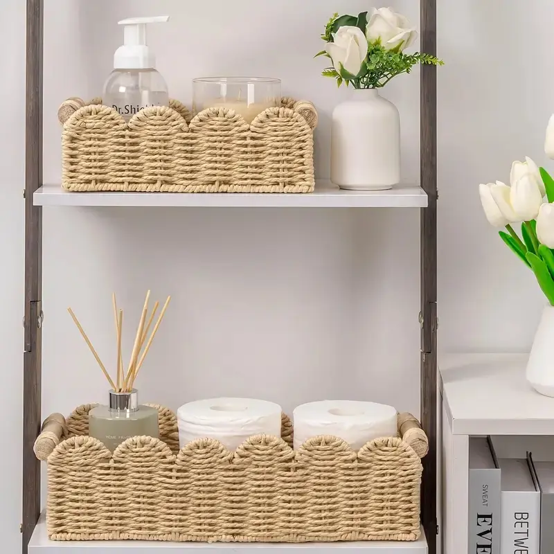 Woven Storage Basket with Fan Edge Design, Ideal for Toilet Tank Lid, Bathroom Vanity, Bedroom Decor, Durable Multi-Functional Organizer