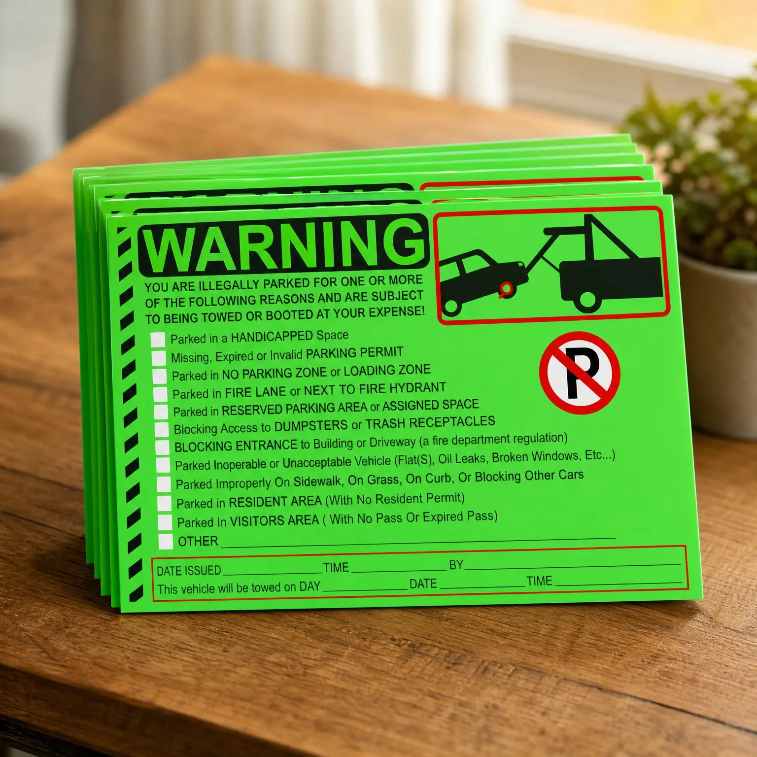 50 Pack 5x8 Inch Green Parking Violation Stickers - Tow Warning Notice Labels for Towing & Improper Parking, Multi-Reason Warning Tags