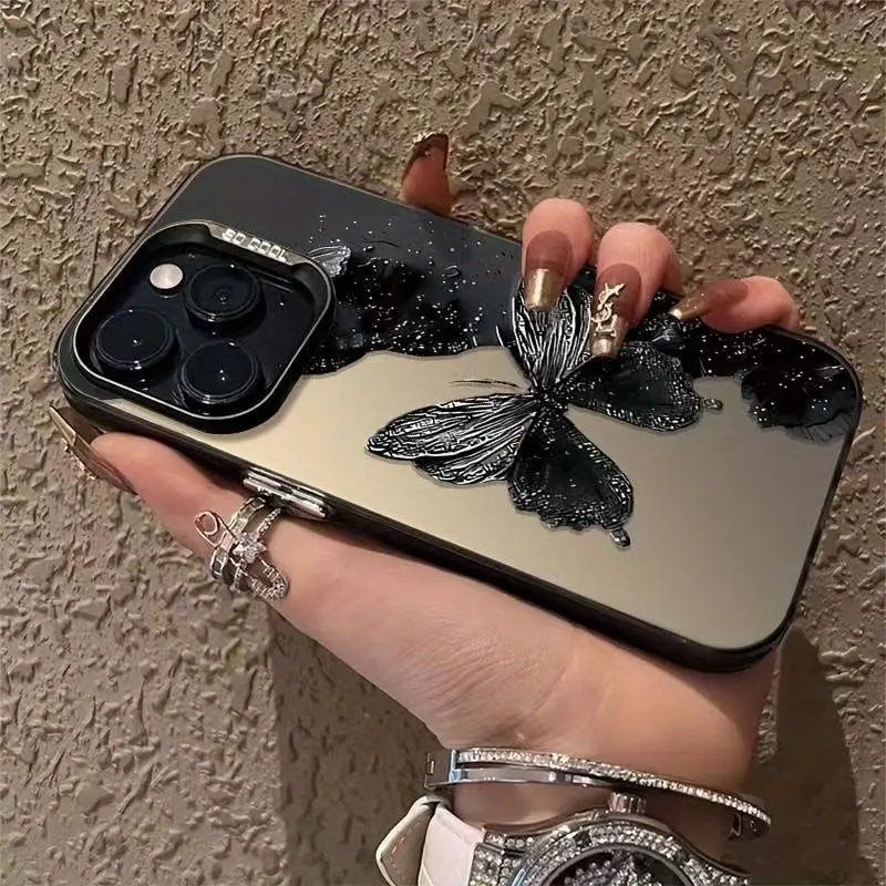 Phone Case - 1pc Fashion Designer Piece Black Large Butterfly Pattern Black White Silver IMD Phone Case Protective Case for Iphone 17/16/15/14/13/12 11 17Pro Max Series And 14/15/16Plus 12/13Mini 17Air Etc.Birthday Gift Friend Gift Couple Phone Cas