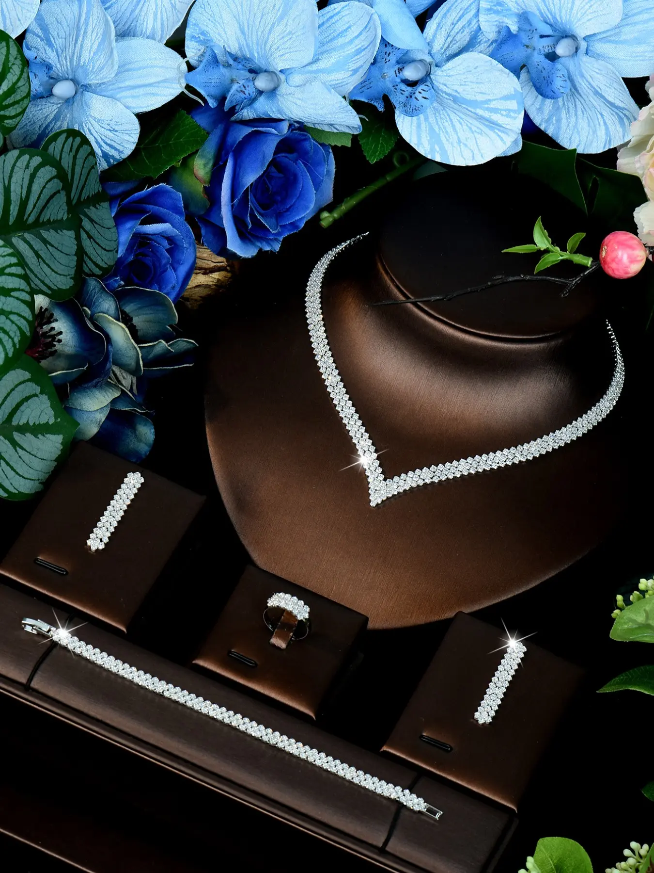Luxurious Zircon Micro-Set Bridal Jewelry Set, Necklace Earrings Bracelet Ring, Wedding Dress Evening Party Accessories