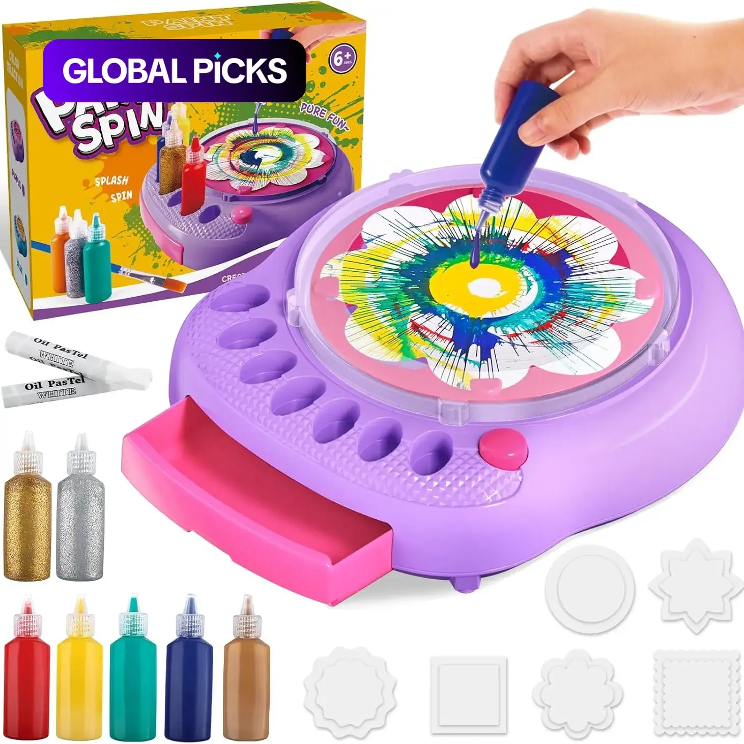 Rotating Doodle Machine, Creative Art Toy Set with Splash Guard, 36 Sheets, 7 Washable Paints, Ages 4-12, Christmas Birthday Gift #GLOBAL PICKS