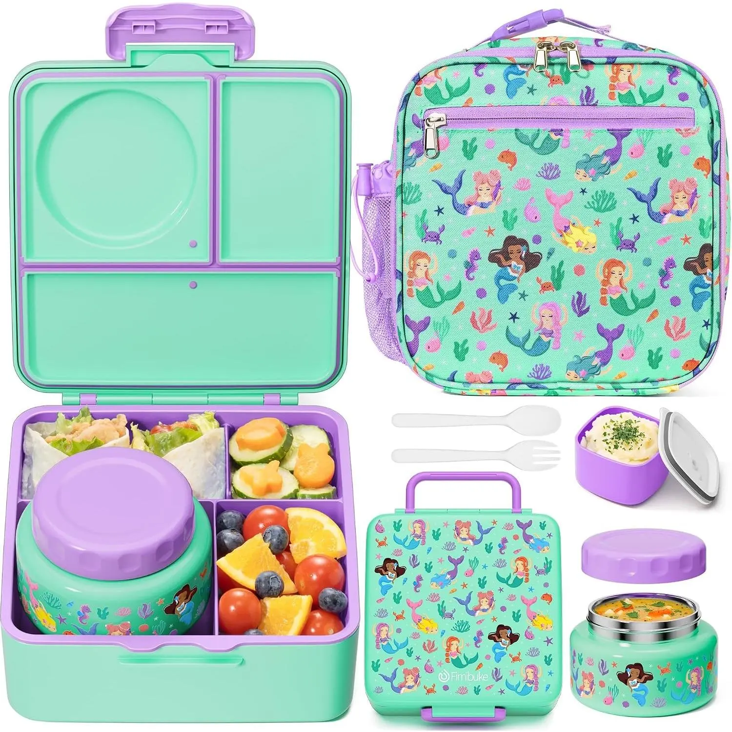 60oz Kids Bento lunch Box with Insulated Lunch Bag & 8.5oz Thermo | Leakproof 3-4 Compartment Toddler Kids Lunch Box Food Container w/ Utensils, Sauce Cup for School Boys Girls, Dishwasher Safe