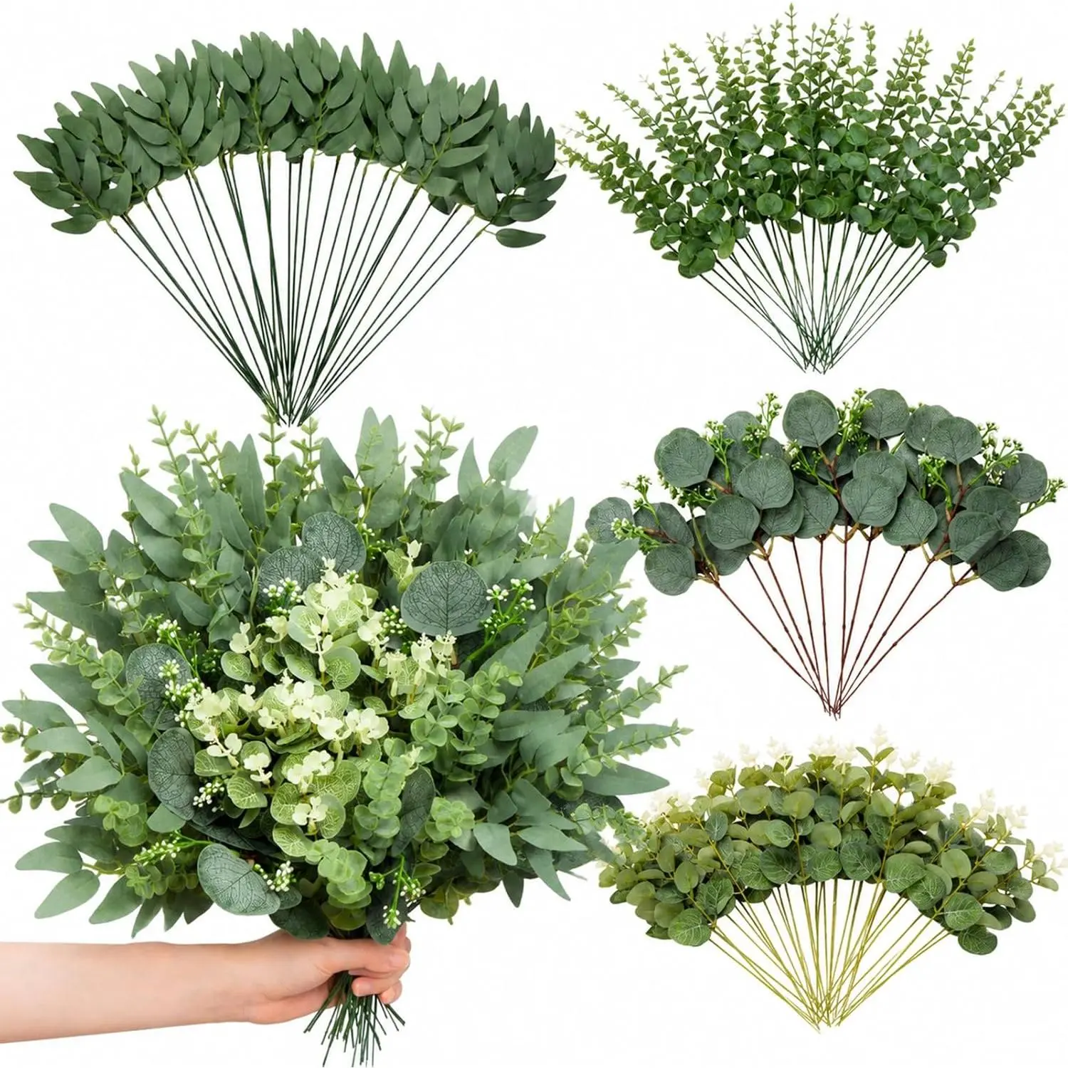 100 count  Artificial Eucalyptus Stems Leaves Bulk, 4 Kinds Faux Greenery  Dollar Dried  Leaves for Wedding Decor Centerpieces Vase Bouquet Floral Arrangements