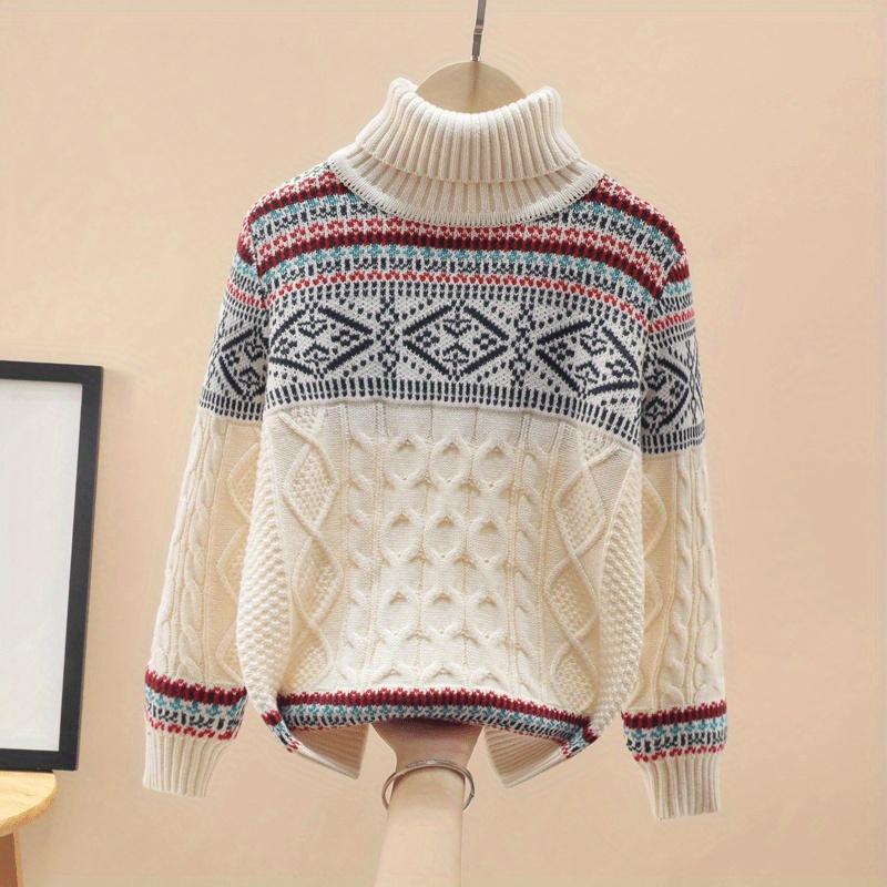 Autumn Winter New Seasonal Unisex Boys' & Girls' Sweater - Vintage Geometric Jacquard Pattern, Contrast Color Stripes, Long Sleeve Round Neck Pullover for Casual Outings, Cozy Knit Top, Casual Wear, Vibrant Pattern, Durable Knit