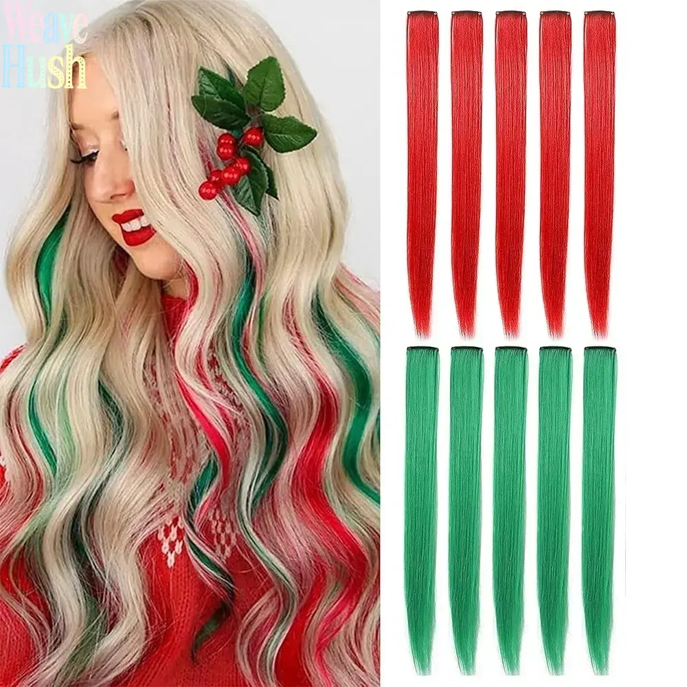 10Pcs Christmas Red Green Clip In Hair Extensions, Straight High-Temperature Synthetic Fiber Ear Frame Highlight Hair Streaks, Festive Colored Clip-On Hair Pieces For Holiday Parties And Christmas Cosplay