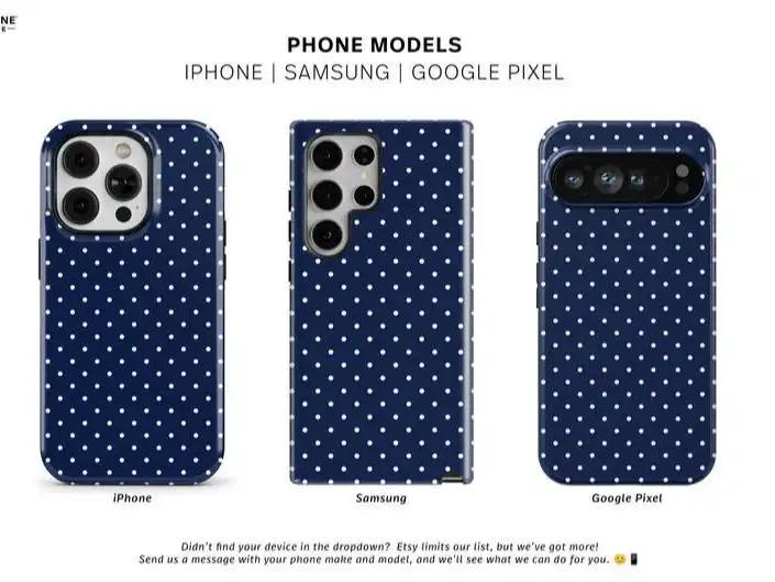 Navy Blue Polka Dot Phone Case for iPhone 16 15 14 13 12 11 Pro Max, Google Pixel – Custom Case Compatible with Samsung Galaxy S25