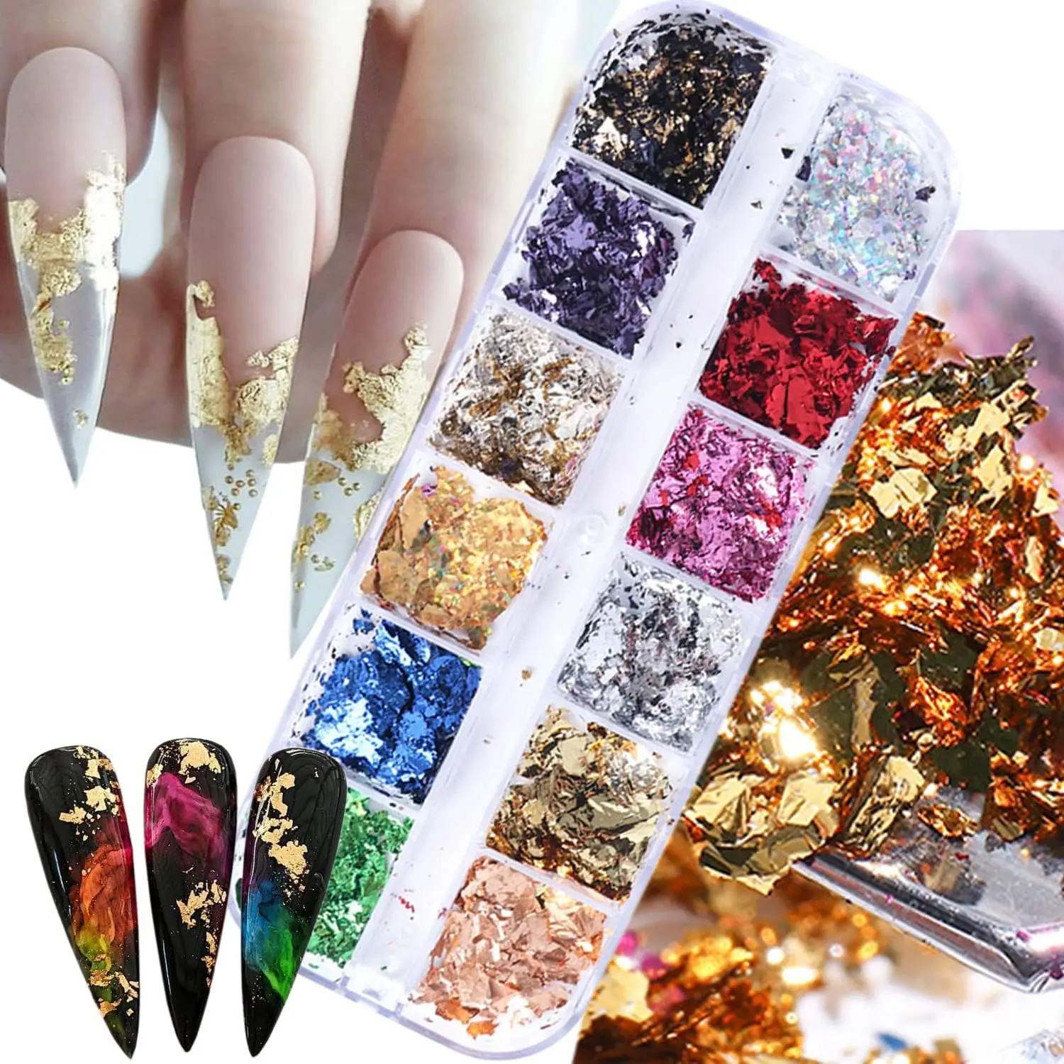 Holographic Nail Glitter Foils, 12 Colors Sparkly Ultra-Thin Aluminum Foil Nail Art Flakes Design, Laser Nail Sequins Acrylic Supplies for Women Girls Manicure Charms Decorations, DIY 3D Nail Art Tips springtok