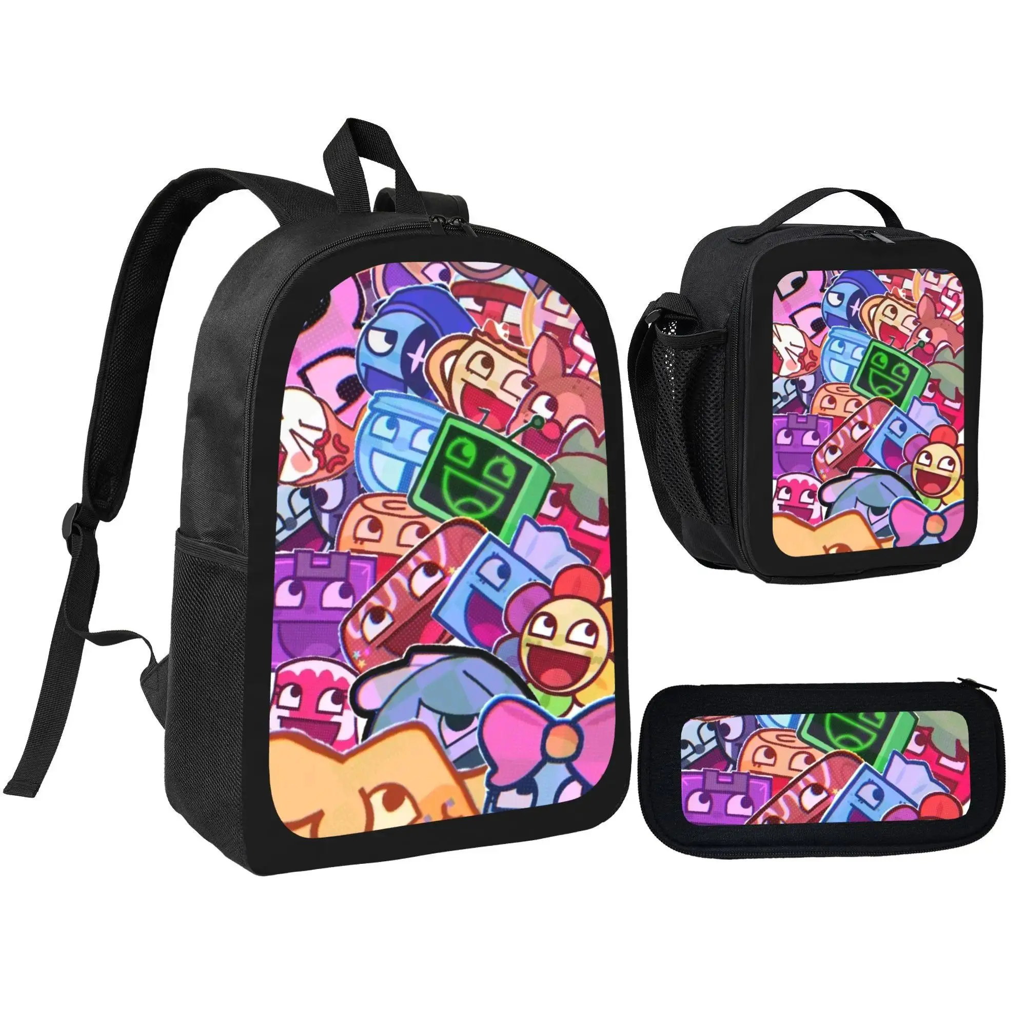 Kids Dandy's World 3-Piece Matching Set - Water-Resistant Elementary School Backpack, Insulated Lunch Bag, Synthetic Zipper Pencil Pouch for Boys & Girls, Game Character Functional Bags