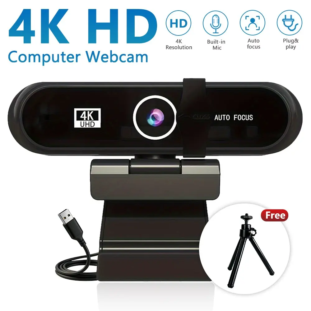 4K Webcam with Tripod & Privacy Cover, Auto Focus USB Plug & Play for PC Laptop, Ideal for Zoom Skype Gaming Live Streaming Online Classes Remote Work
