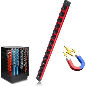 Hardware Tools 3/8 Inch Magnetic Socket Organizer,Heavy Duty Aluminum Alloy Magnetic Socket Rail with 14 360° Swivel Clips,Essential Car Sockets Holder for Mechanics & DIY Enthusiasts