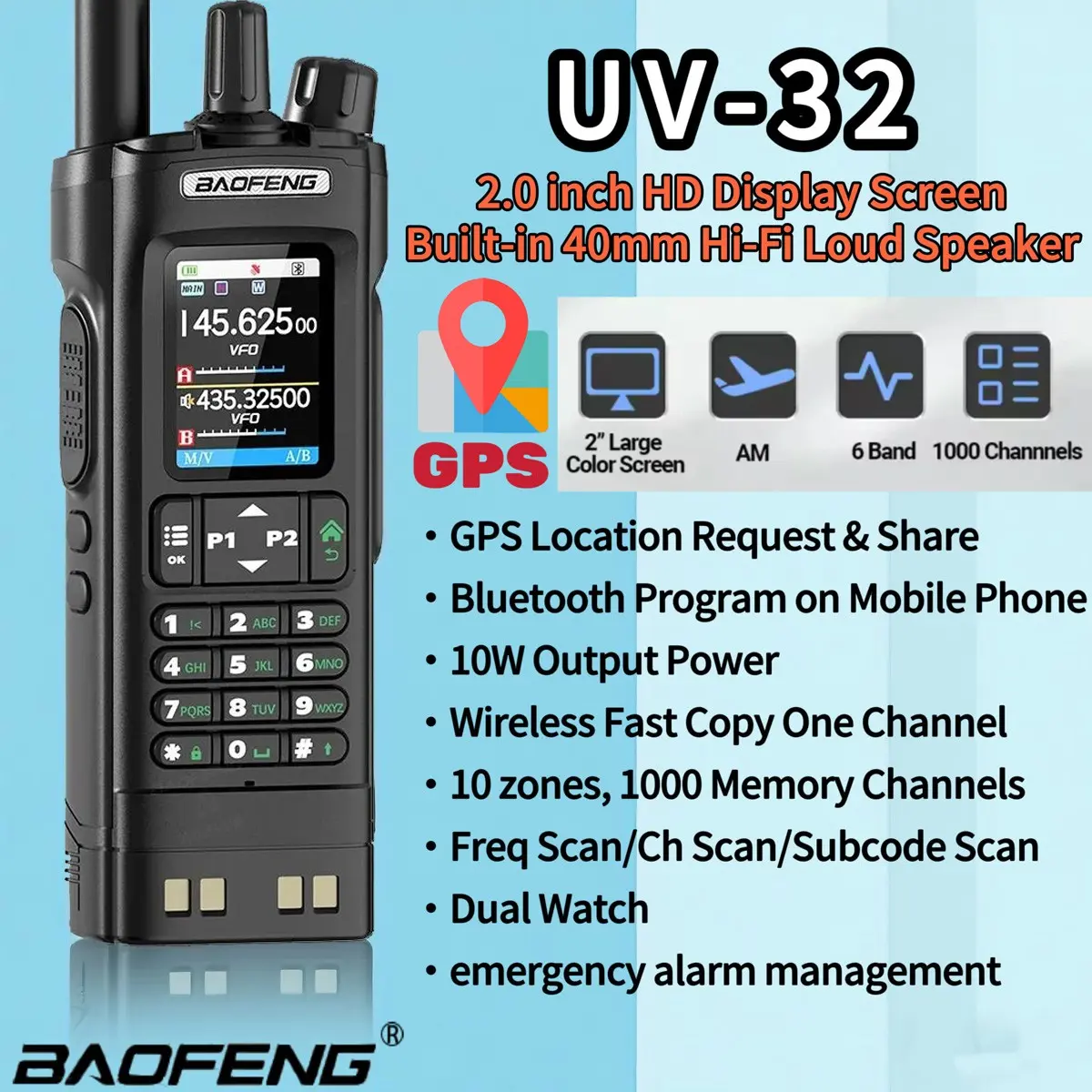 BAOFENG UV-32 GPS Walkie Talkie Two Way Radios 10W Multi Band Tri-Power Bluetooth Programming Wireless Copy Frequency NOAA Long Range Two Way Ham Radio with 2.0" HD Screen and 2200mAh USB-C Charging Battery Rechargeable Walkie Talkies