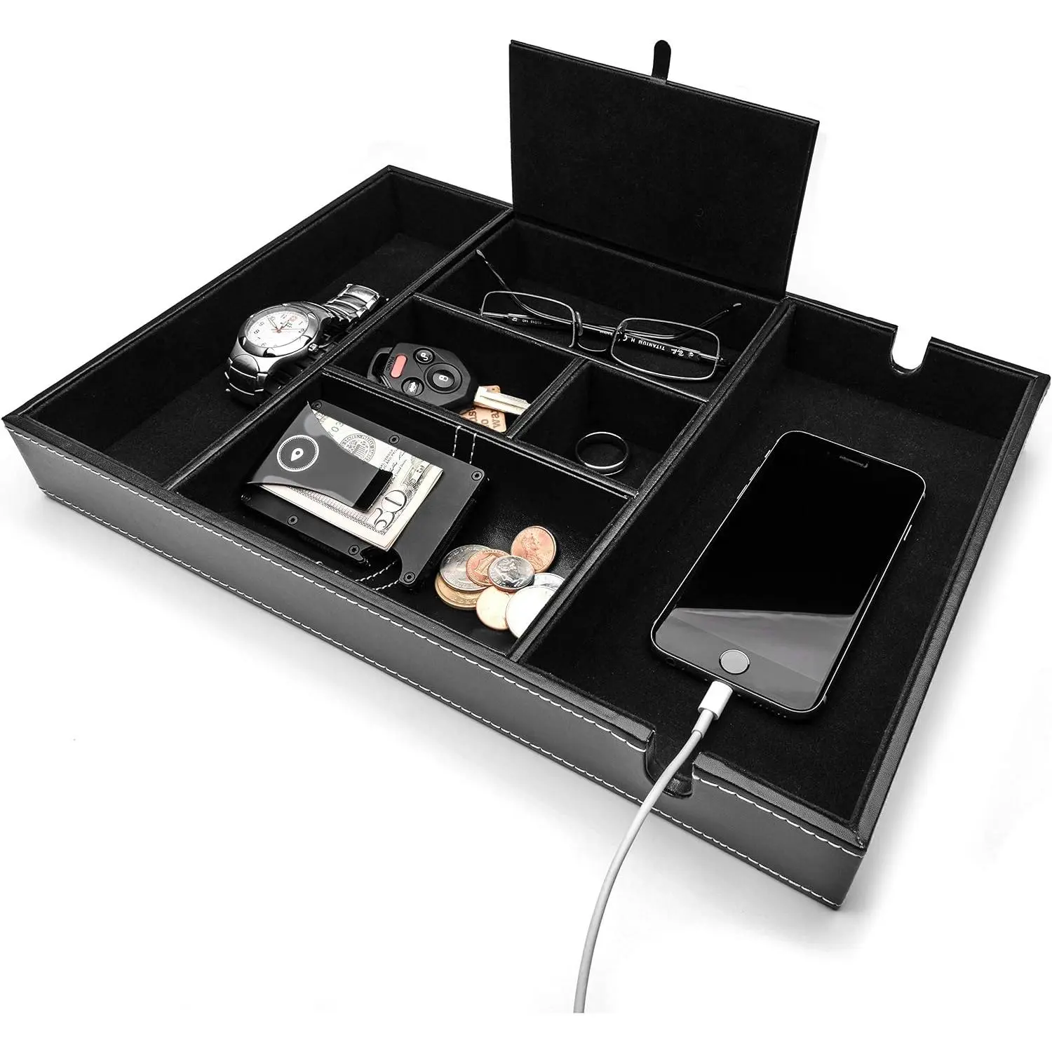 Valet Tray for Men, Nightstand Organizer, Entry Table Organizer, Catch All, Black Faux Leather Box, 6 Compartments