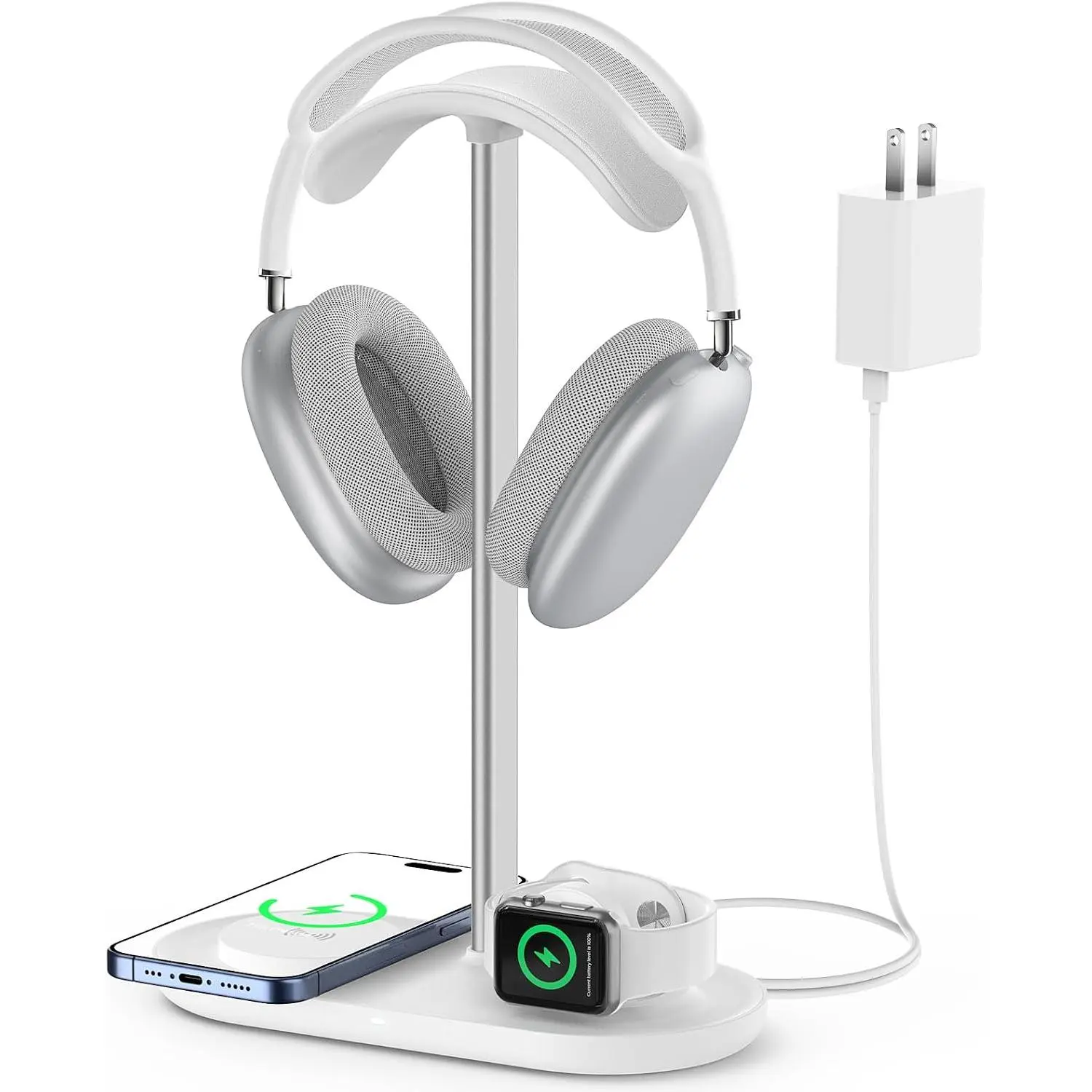 Headphone Stand, 2-in-1 MagSafe  Charger for /iWatch | Headset Holder for  Headphones,  Alloy Bar, ABS Solid Base, PU Headrest, Table Desk Organizer