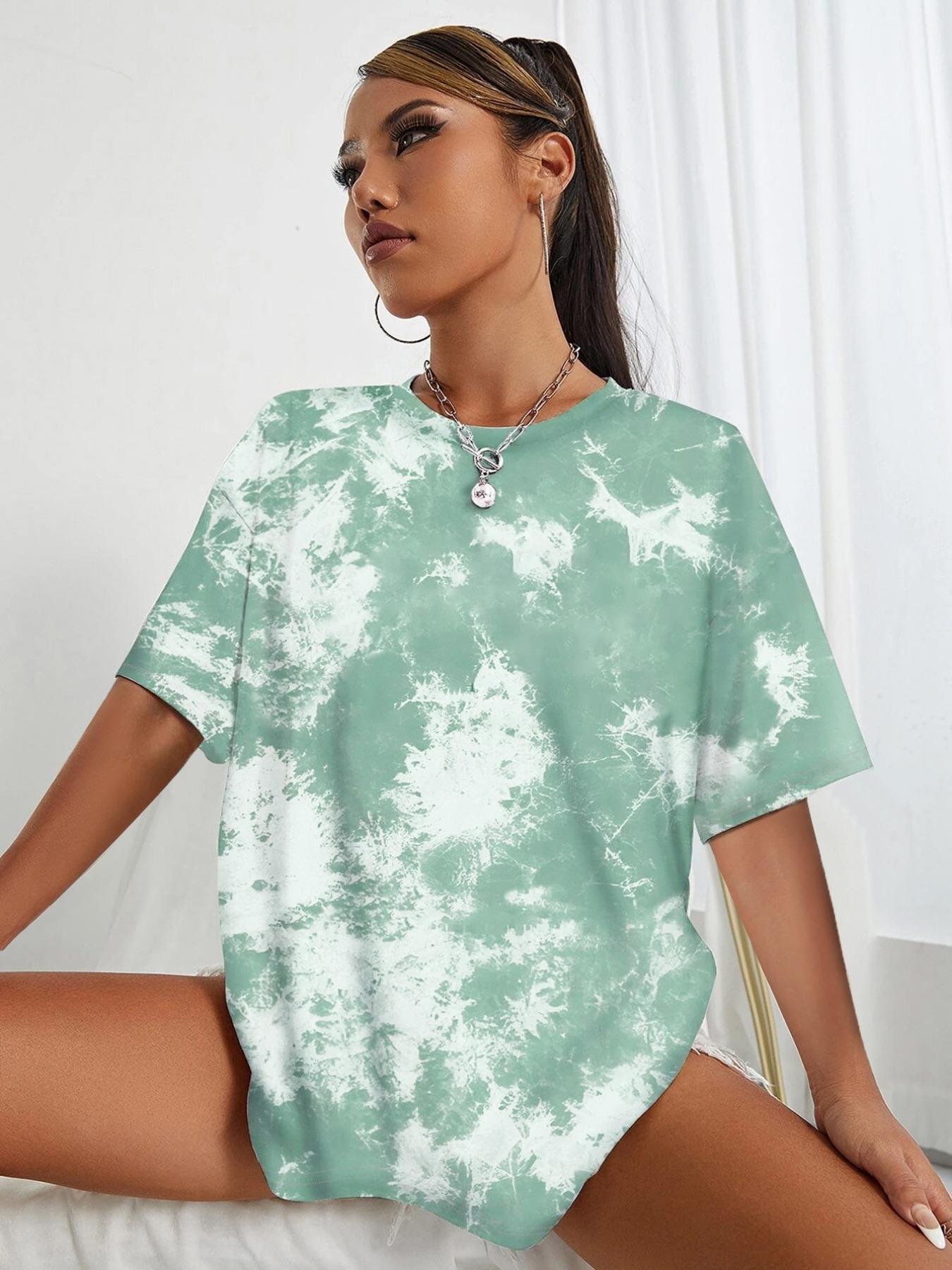 Women's Tie Dye Print Drop Shoulder Tee, Street Fashion Casual Short Sleeve Round Neck T-Shirt for Summer, Ladies Clothes for Daily Wear