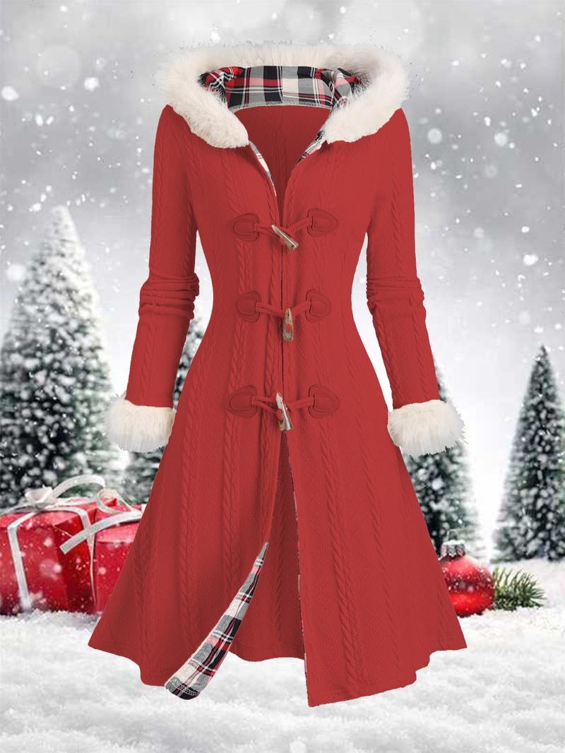 Women's Plain Contrast Faux Fur Trim Button Front Hooded Jacket, Casual Long Sleeve Outerwear for Fall & Winter, Ladies Clothes for Daily Wear