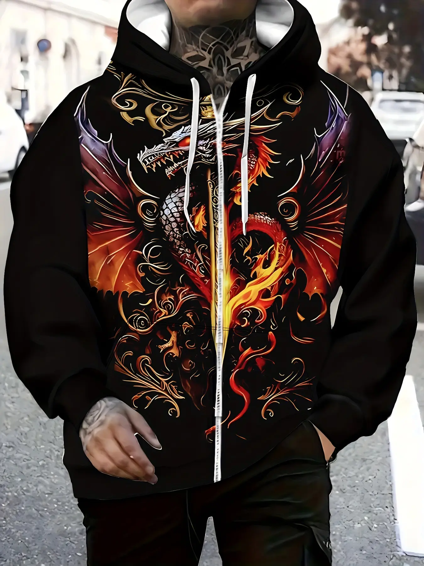 Plus Size Men’s Fire Dragon Full Zip Hooded Sweatshirt, Lightweight Breathable Long Sleeve Hood Jacket, Cool Myth Dragon Print Casual Outfit For Daily Urban Street Style