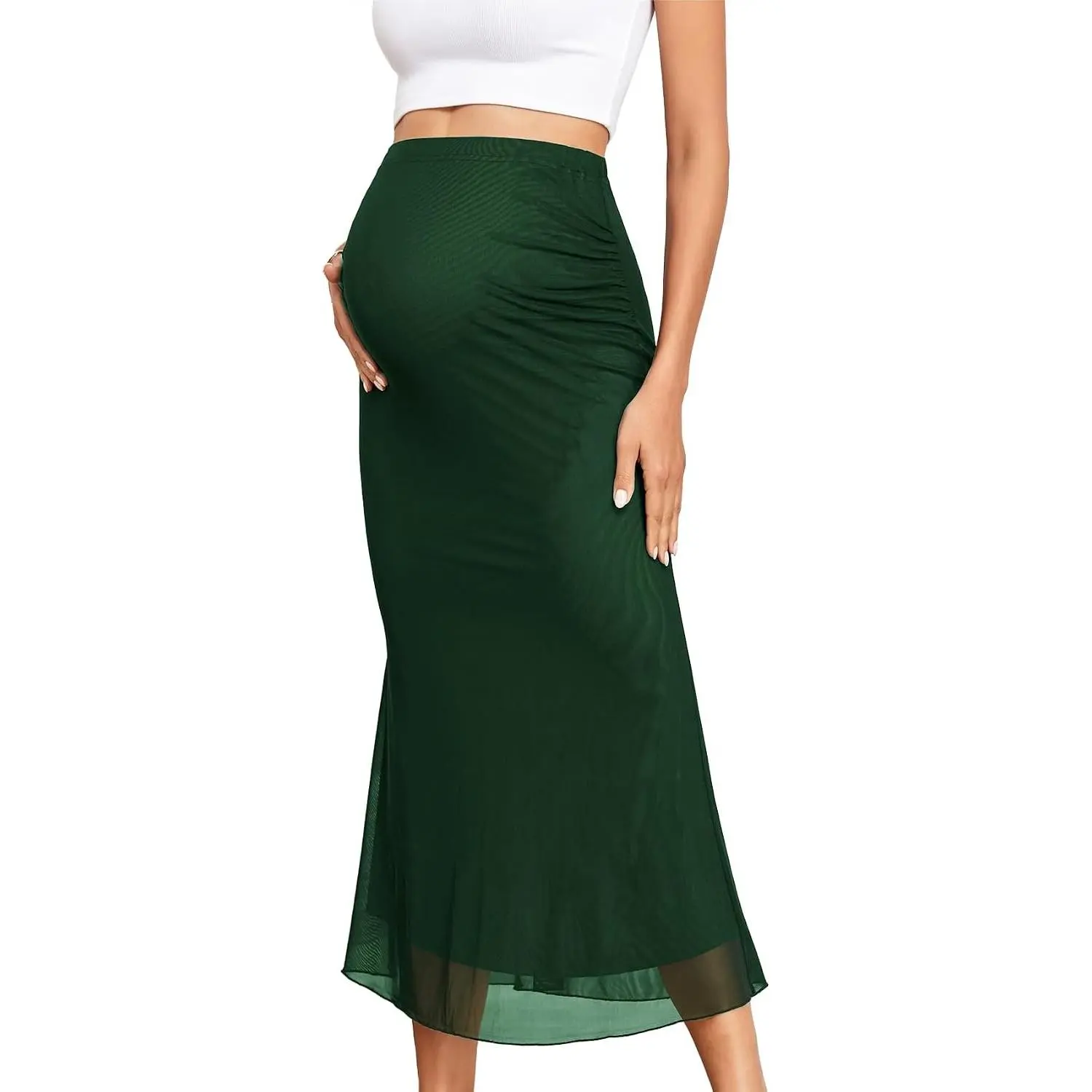 Maternity Mesh Mermaid Skirt Adjustable Waist Over The Belly Elegant Stretchy Pregnancy Maxi Skirts Spring Summer