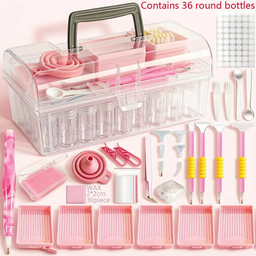 Diamond Painting Tools Kit with Portable Storage Box Organizer 36 Round Drill Bottles Complete Accessories Set for Adults DIY Art Crafts Supplies Pen Tray Tweezers Funnel Large Capacity Clear Handle Case Home Desktop Decoration Creative Gift