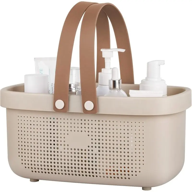 Portable Shower Caddy Basket with Handles Plastic Storage Basket Beige |   Sturdy Drainage Large Capacity Organizer Basket with Silicone Handles for Bathroom Kitchen Bedroom College Dorm Essentials