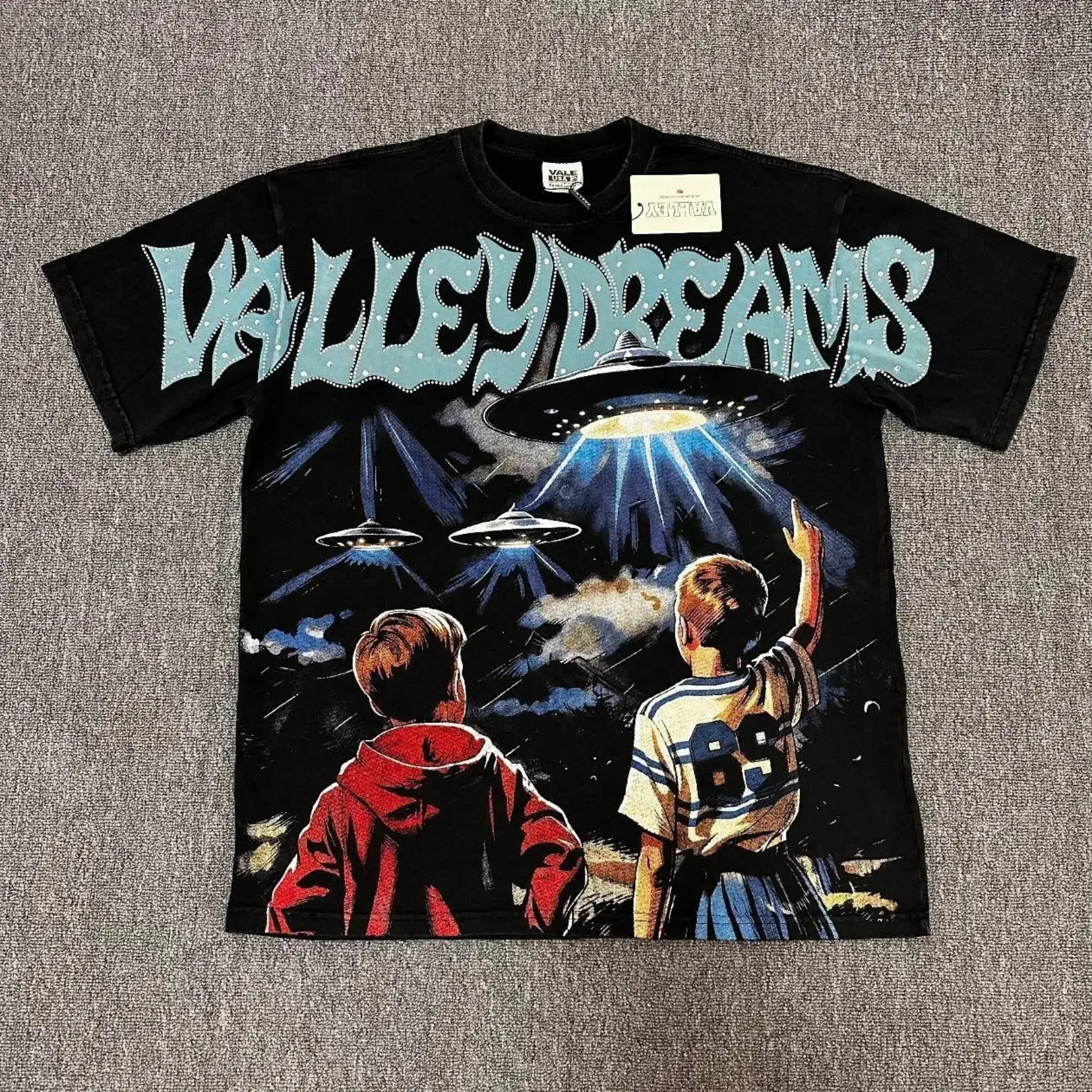 VALE Vintage Wash Rhinestone Cropped T-Shirt 100% Cotton Loose Oversized Y2K Hip Hop Graphic Print Crew Neck Drop Shoulder Summer Casual Beach Party Streetwear Top Men Women Unisex
