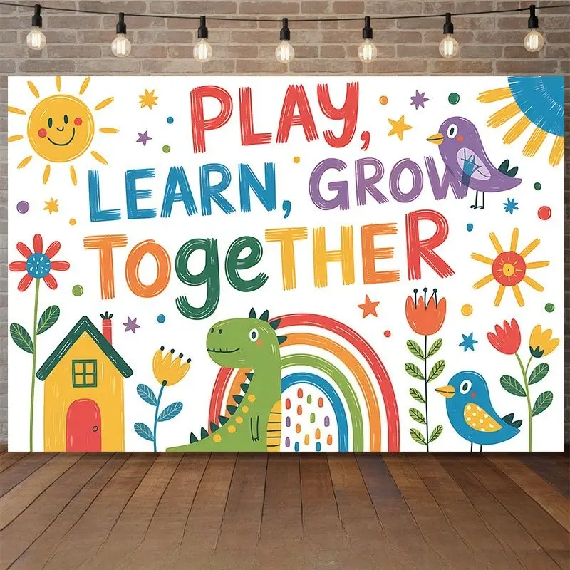 Lightweight Inspirational Polyester Tapestry Backdrop - Play Learn Grow Together Design for Weddings, Parties, Indoor-Outdoor Home Decor & Photography, Room