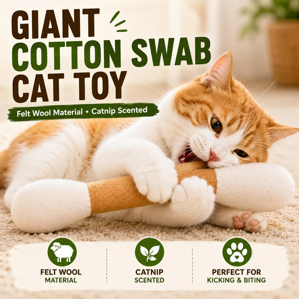 Giant Cotton Swab Cat Toy, Soft Felt Catnip-Scented Kick Stick Toy for Indoor Cats, Interactive Bite & Wrestle Plush Toy