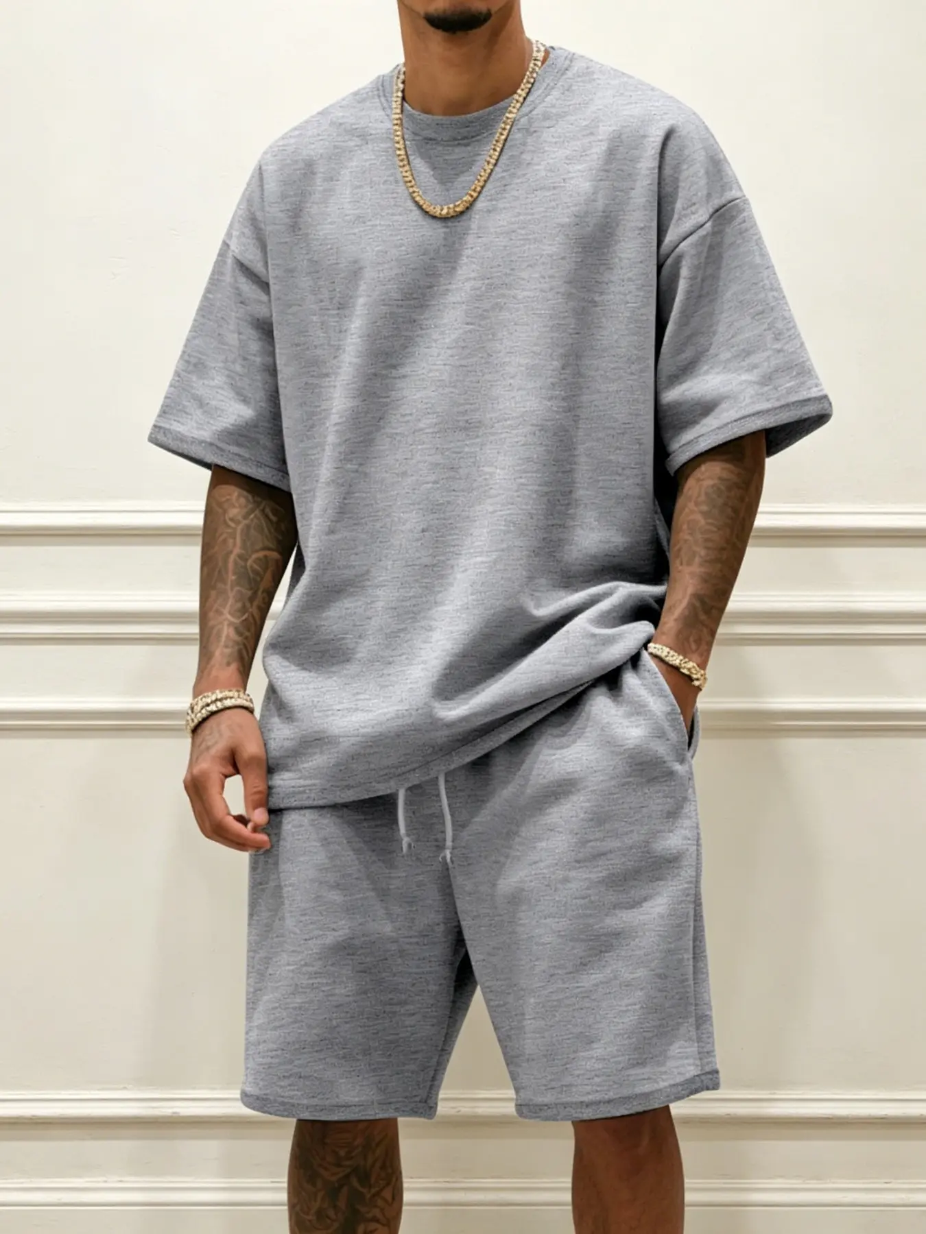 Multi Colors Available Men's Crew Neck Short Sleeve 2-Piece Casual Baggy Set, Soft Breathable Solid T-Shirt & Drawstring Five-Inch Shorts for Summer, Loose Basic Outfit for Home & Beach, Versatile Menswear for Daily Travel Multiple Sizes In Stock