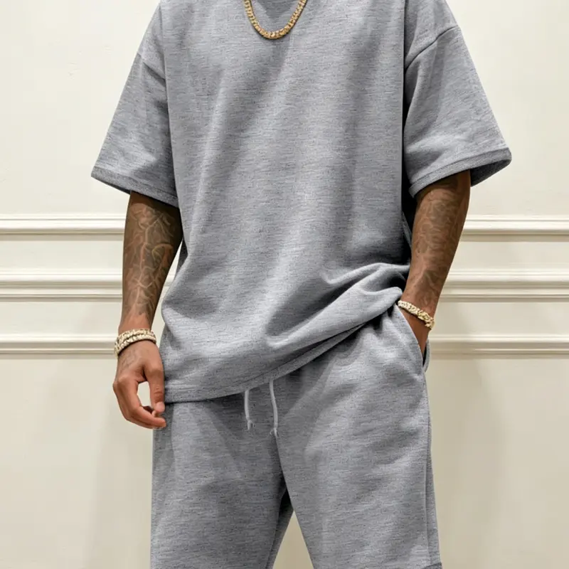 Men's Crew Neck Short Sleeve 2-Piece Casual Oversized Baggy Set, Soft Breathable Solid T-Shirt & Drawstring Shorts for Summer, Loose Basic Outfit for Home & Beach, Versatile Menswear for Daily Travel, Shorts Sets