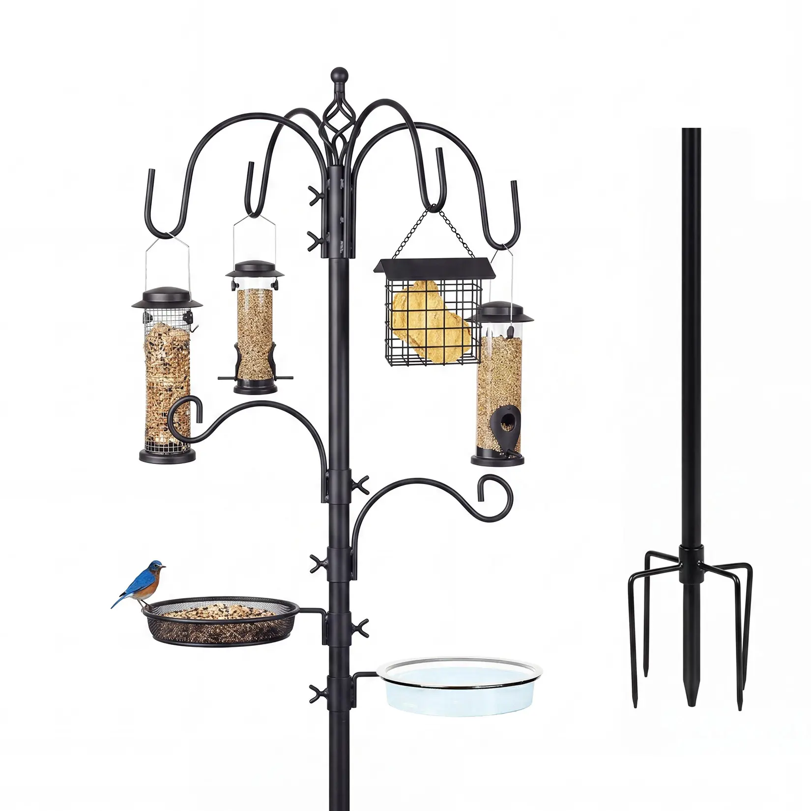 Bird Feeder Pole with 6 Multi Hooks, 93.7 Inch All-in-One Wild Bird Feeding Station Kit, Heavy Duty Black Iron Bird Feeder Stand with Mesh Tray & Bird Bath Bowl for Backyard Garden