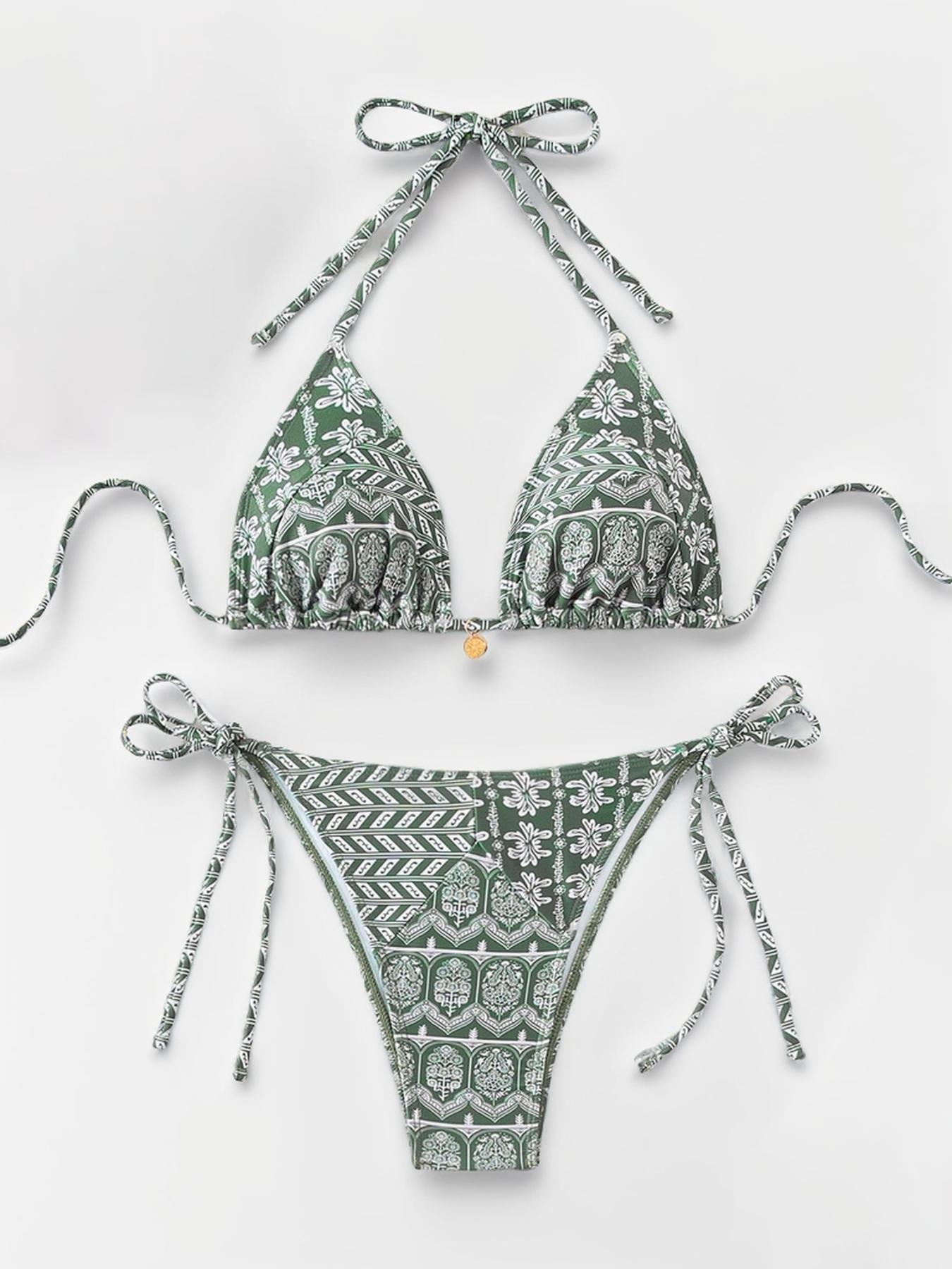 Two-piece Set Women's Sexy All Over Print Halter Neckline Bikini, Sexy Tie Back Halter Triangle Swim Top & Tie Side Swim Bottom for Summer, Bathing Suits, Colorblock Bikini, Padded Bikini Set, Bikinis Sets, Halter Bikini Swimsuit