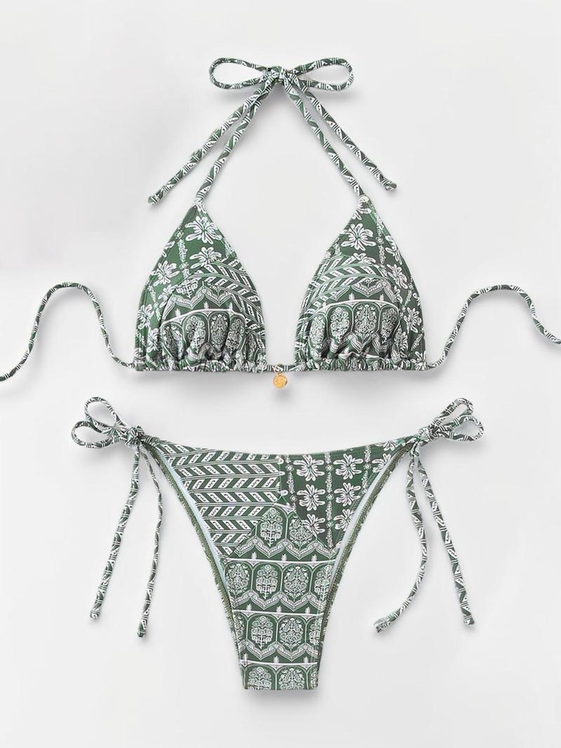 Two-piece Set Women's Sexy All Over Print Halter Neckline Bikini, Sexy Tie Back Halter Triangle Swim Top & Tie Side Swim Bottom for Summer, Bathing Suits, Colorblock Bikini, Padded Bikini Set, Bikinis Sets, Halter Bikini Swimsuit