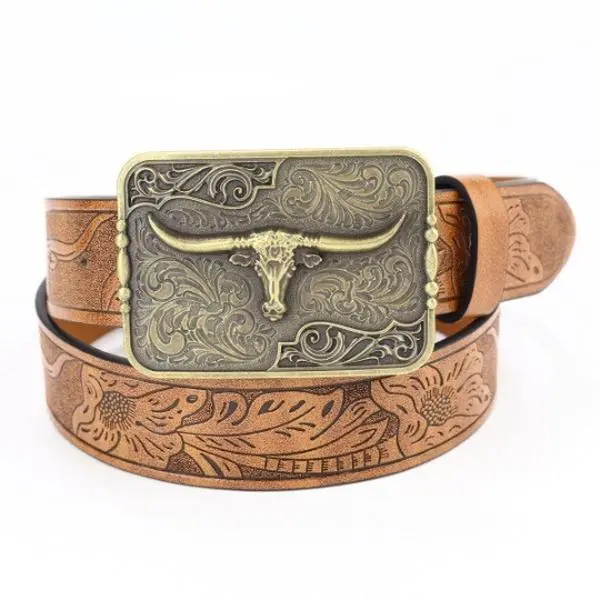 Caramel Floral Tooled Leather Western Belt For Men, Vintage Two-Tone Antique Brass Longhorn Bull Large Square Buckle Cowboy Belt For Rodeo & Country Outfits
