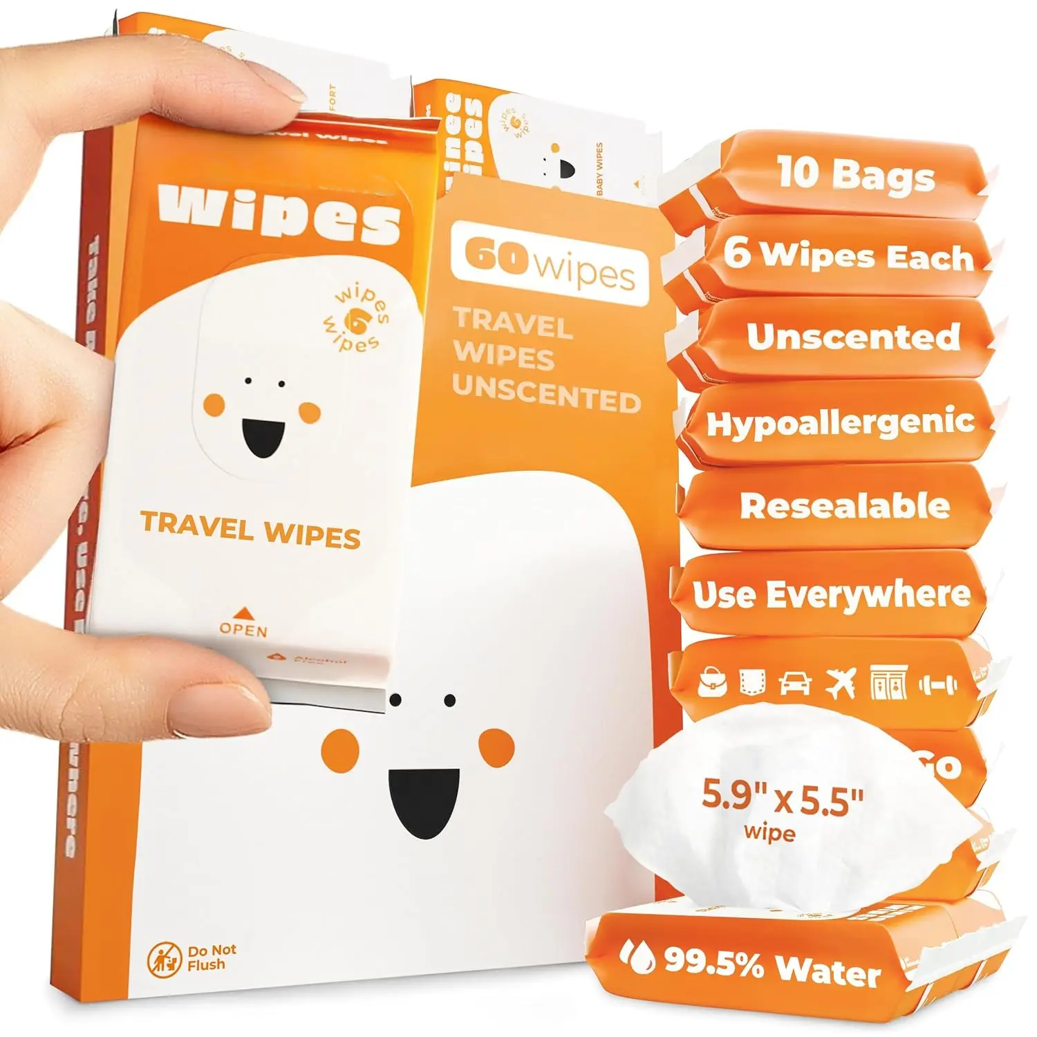 Travel Wet Wipes 10 Pack (60 Count) – 99.5% Water Based, Hypoallergenic & Unscented Baby Safe Wipes – Thick Resealable Cleaning Wipes for Sensitive Skin, Kids & Adults Hygiene Care