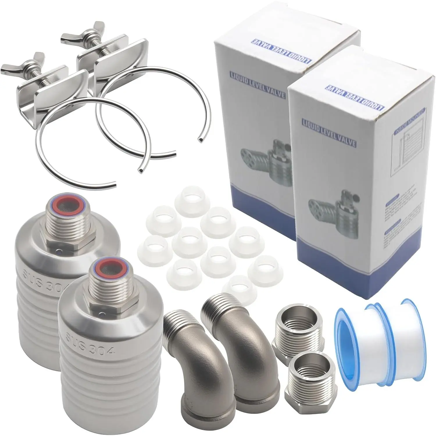 1/2"-3/4" 304 Stainless Steel Float Valve, 2 Pack | Automatic water level control valve for tanks, pools, ponds, troughs. Includes 2 valves and 10 gaskets.