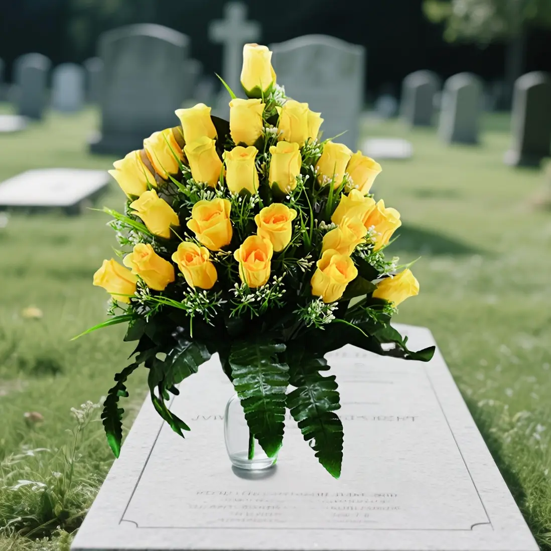 24-Flower Cemetery Bouquet, 18.9-Inch Rose Artificial Flowers, Realistic and Durable, Bloodless Memorial Flower Arrangement