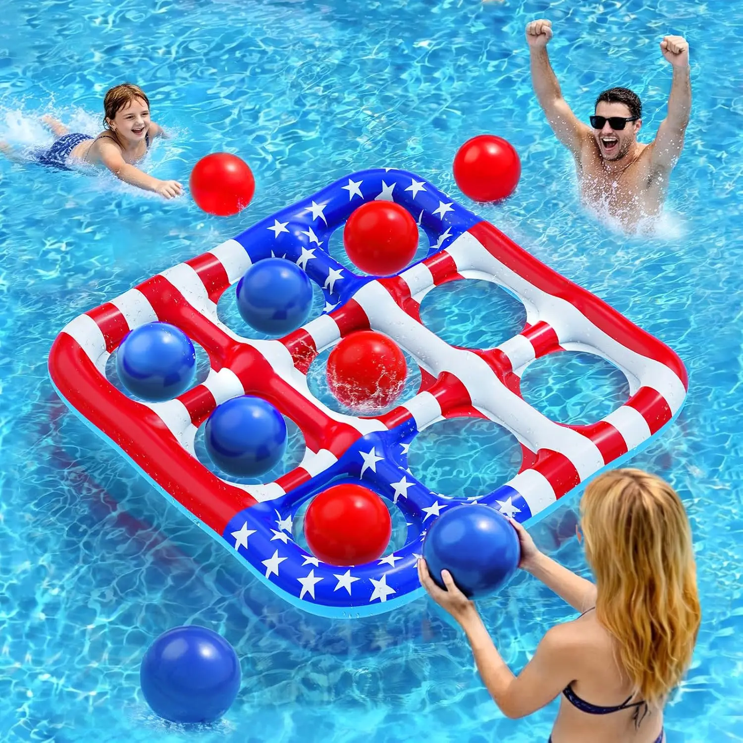 Pool Toys Games for Kids - Inflatable Outdoor Water Toys for Adults and Family, Giant US Flag Floating Board, Swimming Pool Game Float with 10 Balls, Outdoor Beach Toy for All Ages
