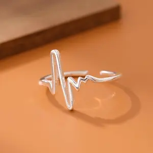 Fashion Electrocardiogram 925 Sterling Silver Wave Heartbeat Lightning Opening Rings