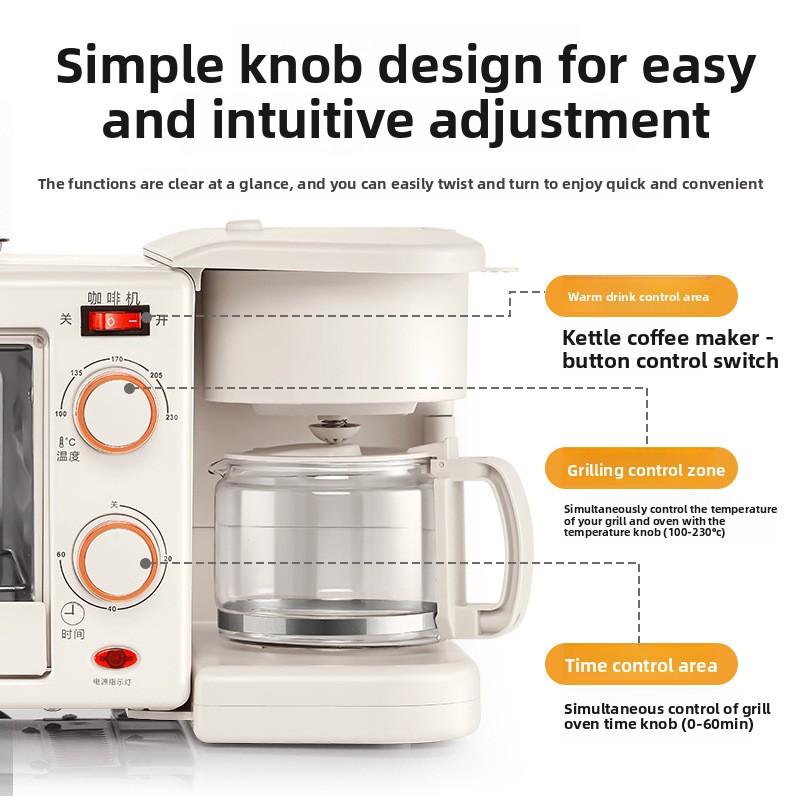 3-in-1 Multifunctional Household Breakfast Machine with Oven Coffee Maker Bread Toaster Sandwich Grill & Frying Pan All in One