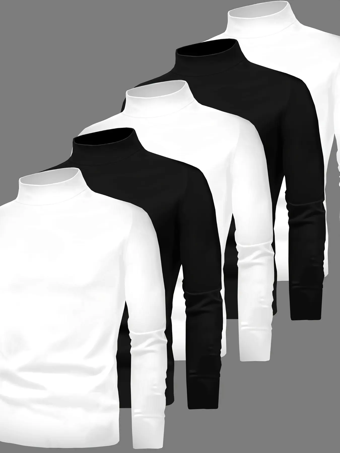5-Pack Men's High Neck Long Sleeve Plain T-Shirts, Fall Winter Warm Casual Innerwear, Fleece Lining Pullover Tops, Cozy Layering Shirts