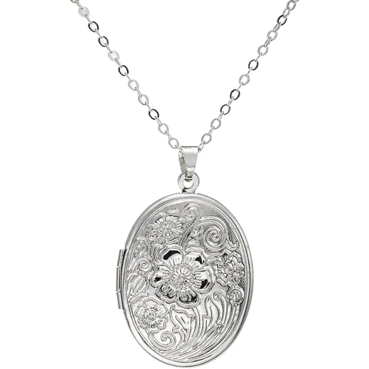 Engraved Flower Locket Picture Pendant Necklace Antique Carved  Oval Heart Pendant Necklace For Women Hold Picture Souvenir Memorial