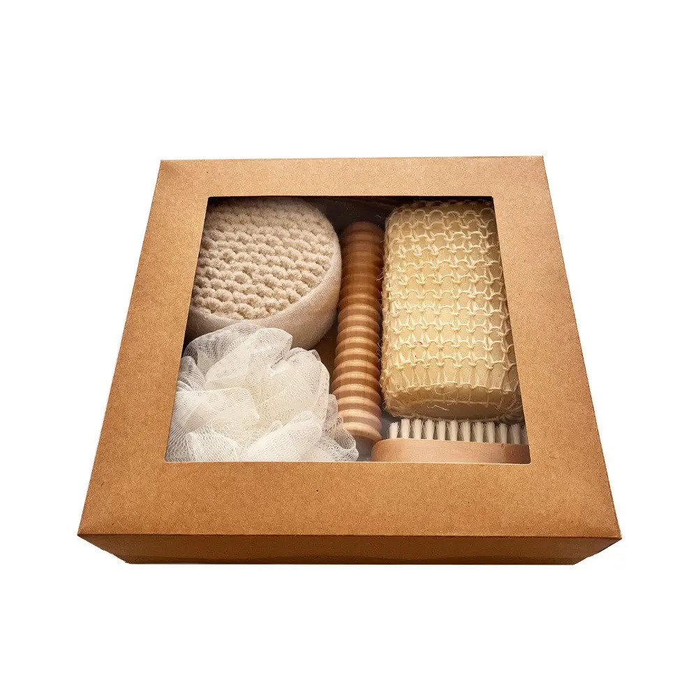 Bath Set with Exfoliating Loofah, Face Wash Brush, Foot Stone, Jute Bath Flower, Holiday Gift Box, Perfect for Self-Care Rituals