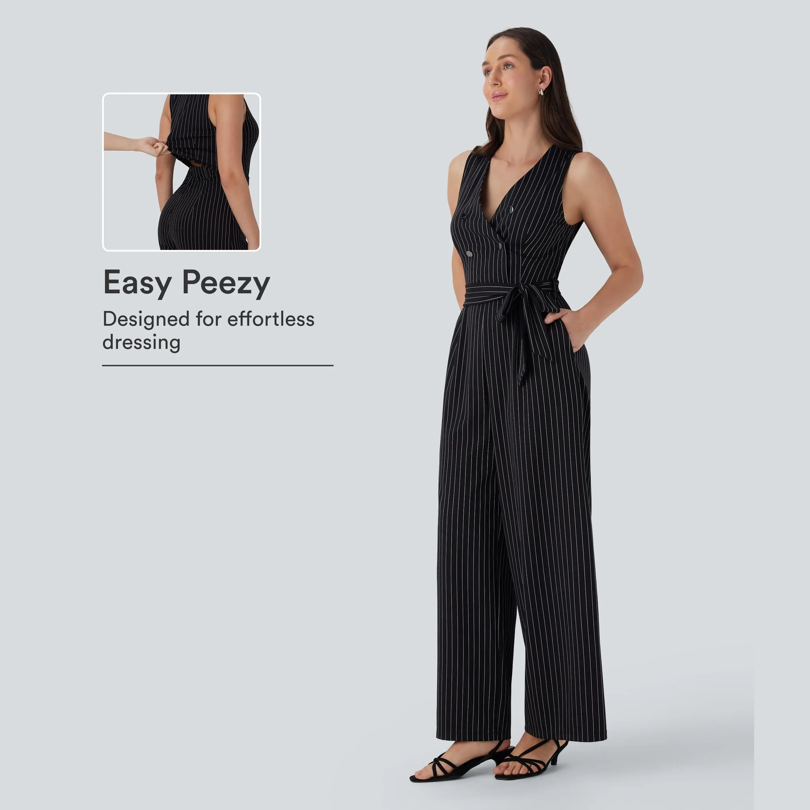 Halara V Neck Sleeveless Belted Stripe InstantCool Work Jumpsuit with Pockets-Easy Peezy #BackToSchool