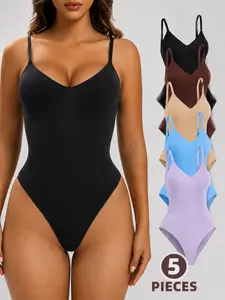 Women's 3 Pack Seamless Thong Bodysuit Shapewear, Adjustable Strap One Piece Body Shaper, Soft Stretch Compression Bodysuit for Everyday Layering, Smooth Contour Fit, Multi Color Sculpting Collection