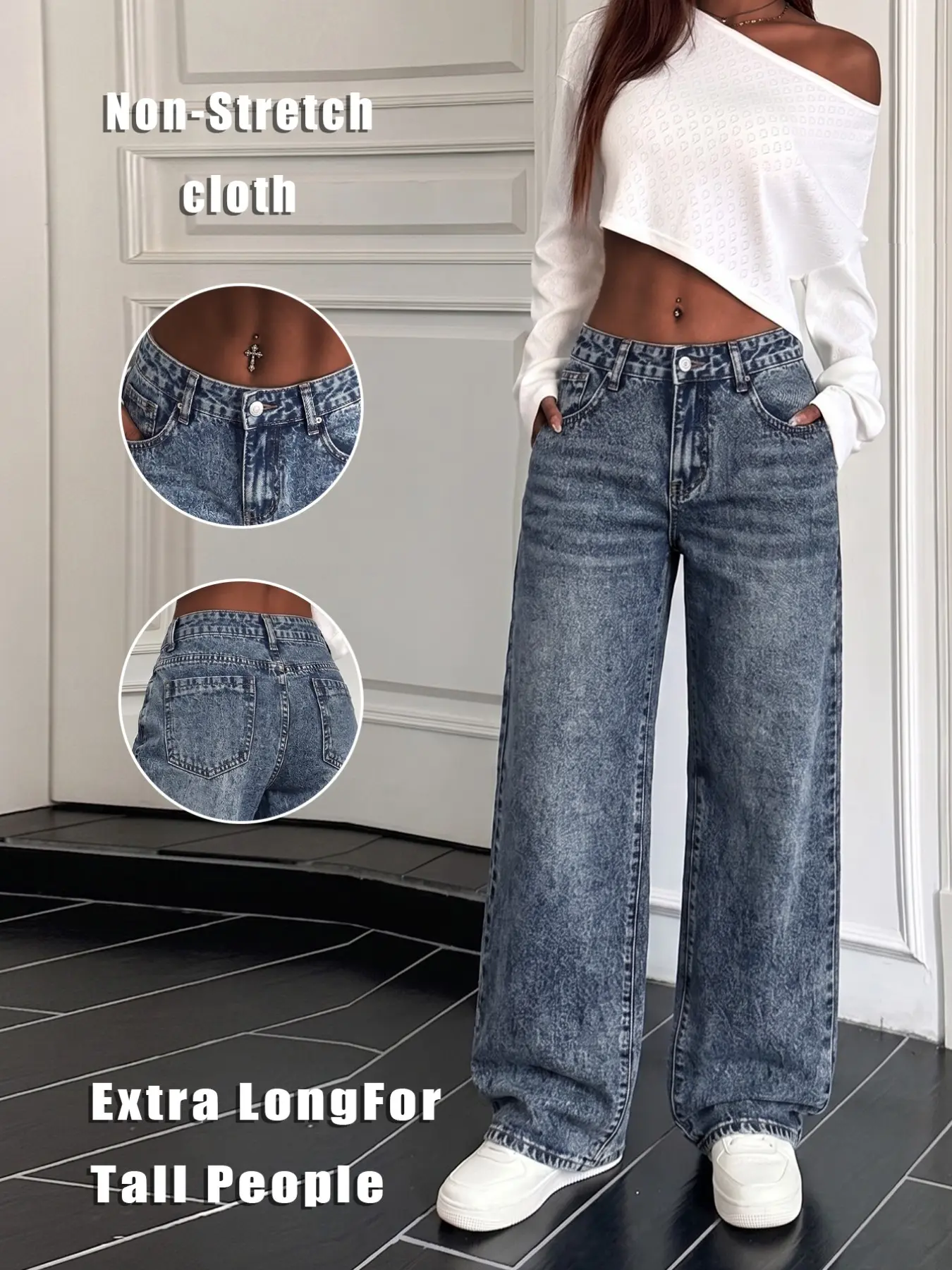 Women Extra Long Tall Fit Jeans, Acid Snow Wash Baggy Wide Leg, Mid Rise Non-Stretch Vintage Denim, 90s Hip Hop Streetwear Trousers