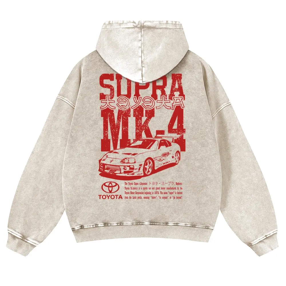 Vintage Washed Sand Supra MK4 JDM Graphic Hoodie Heavyweight Oversized Racing Car Pullover Unisex Streetwear Sweatshirt