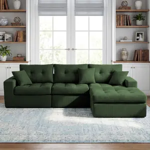 Corduroy Corner Chaise Compression Sofa Bed, L-Shaped Sectional Couch with High-Density Sponge, No-Assembly Required Convertible Sofa for Living Room, Apartment, Guest Room