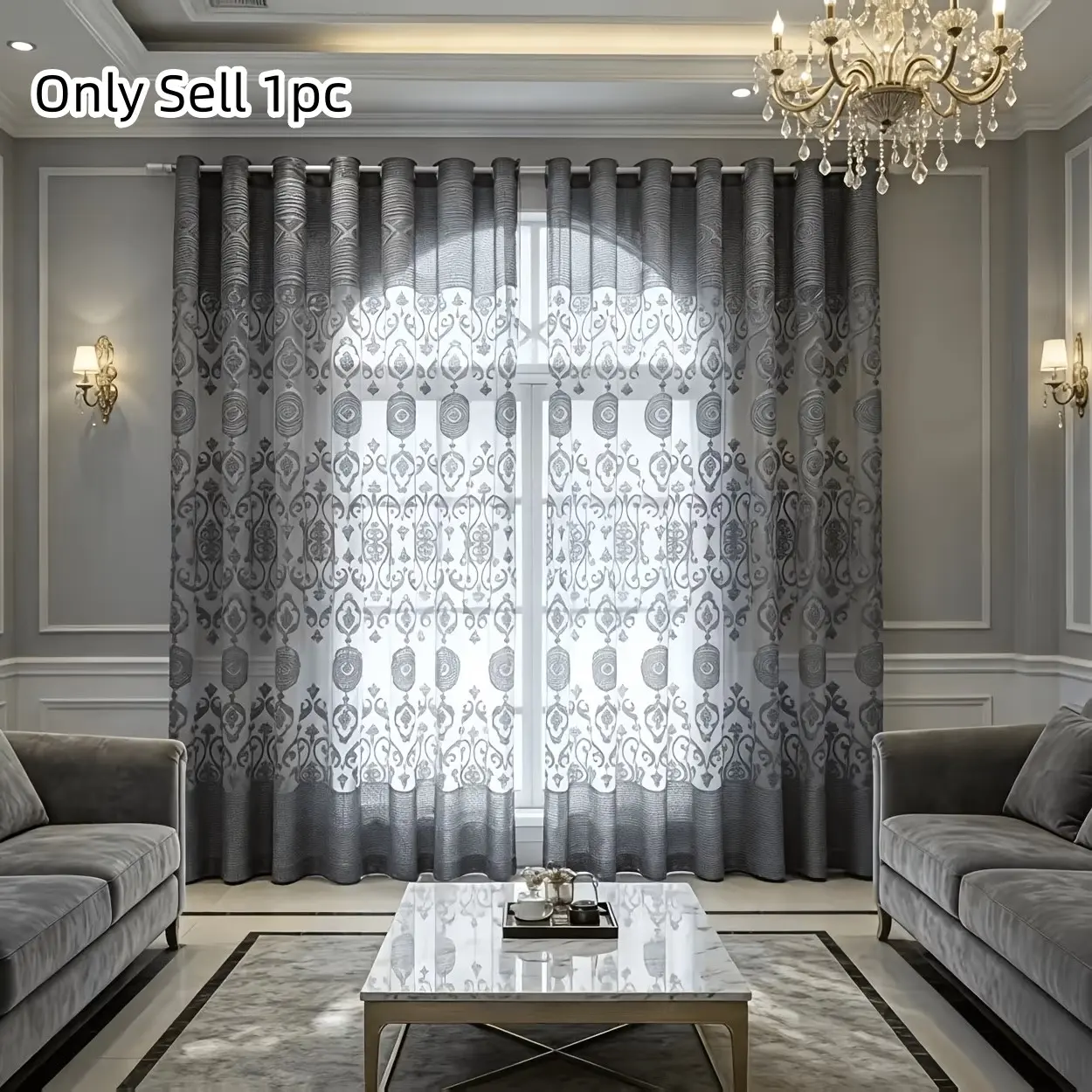 1pc European Luxury Sheer Drapes, Top Ring Suspension, Living Room Floor-To-Ceiling, Bedroom Balcony, Study, Dining, Villa Decor