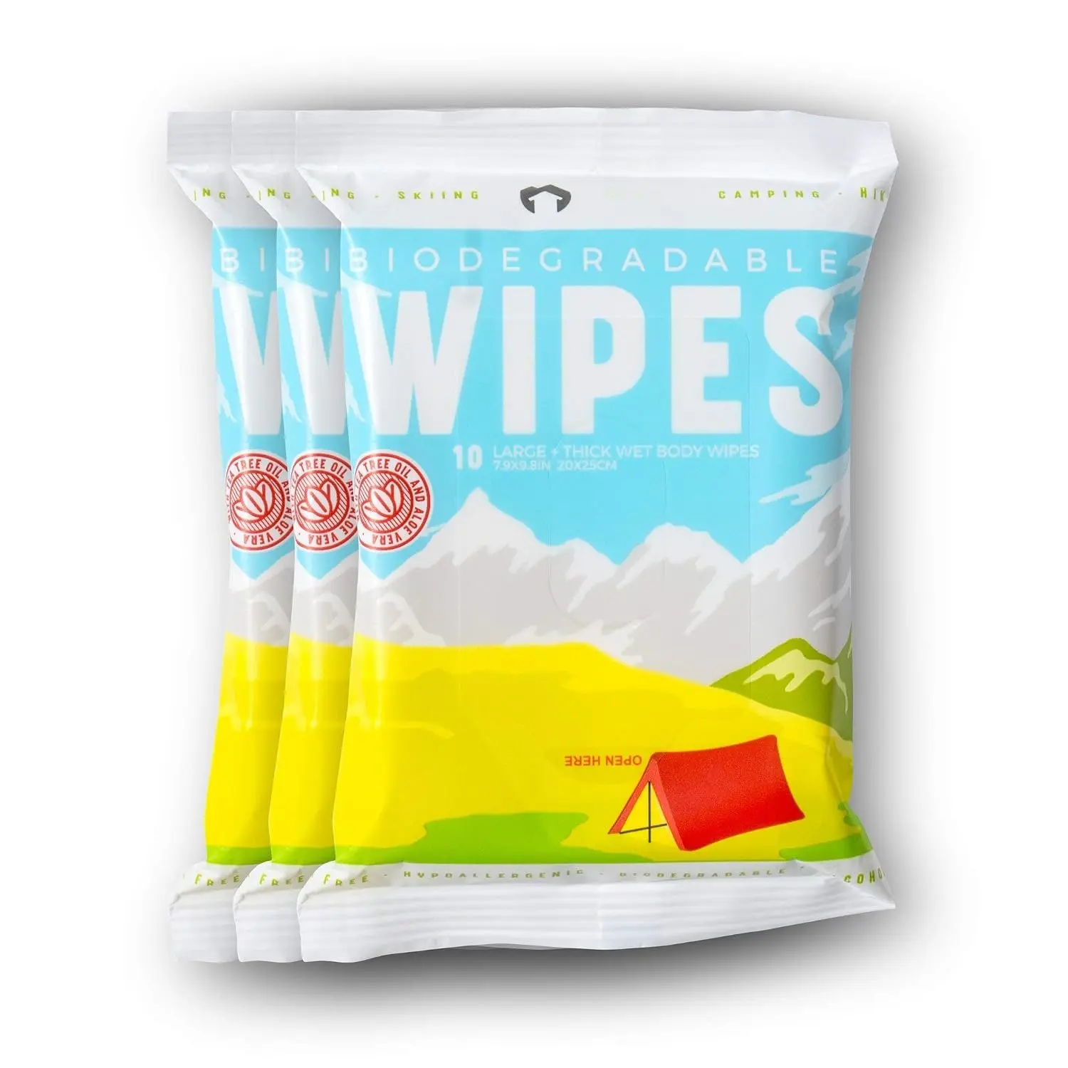 Wipes with  Tree Oil & Aloe Vera - Refreshing Shower Wipes  for Camping, Hiking,  Workout and Travel (3-Pack, 10 Wipes/Pack)