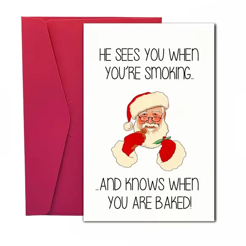 Humorous Santa Christmas Card with Envelope, "he Sees You When You're Smoking" Message, Ideal for Holiday Greetings, Festive Santa Illustration