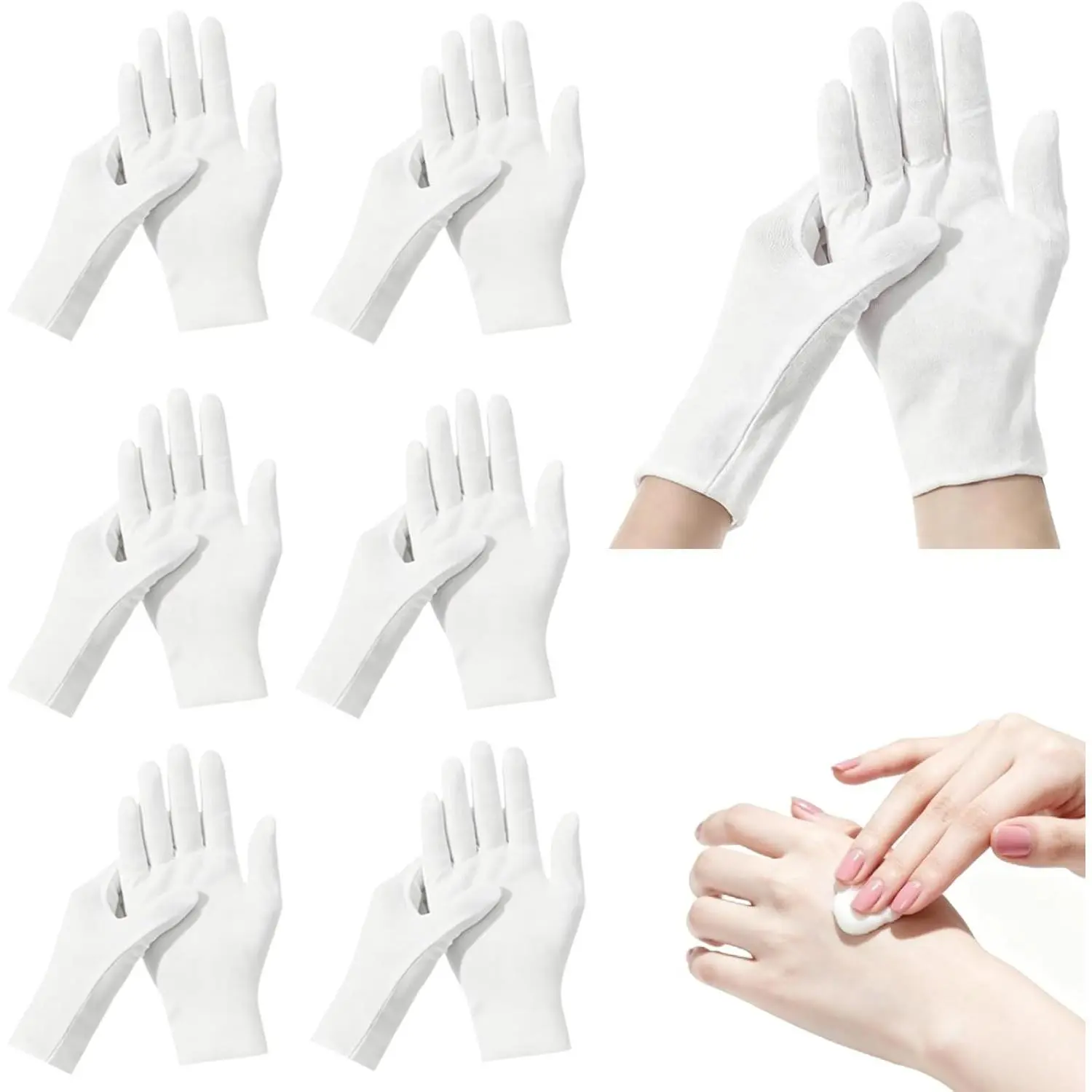 12-Pack Unisex White Cotton Soft Elastic Gloves for Dry Hands Eczema Care Night Moisturizing Sleeping SPA, Ideal for Crafts Wedding Halloween Costumes Jewellery Inspection
